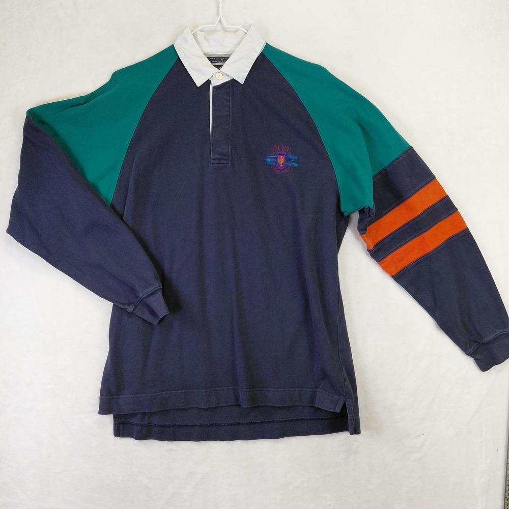Vintage Dockers Levi Strauss Rugby Shirt Navy Teal Orange Colorblock Mens Medium